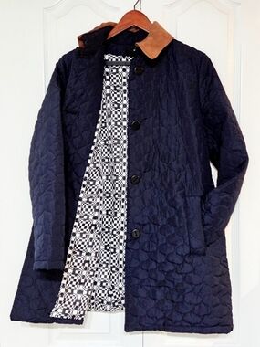 Vintage Mycra Pac Medium Travel Coat Navy Blue USA Quilted A-line Swing
